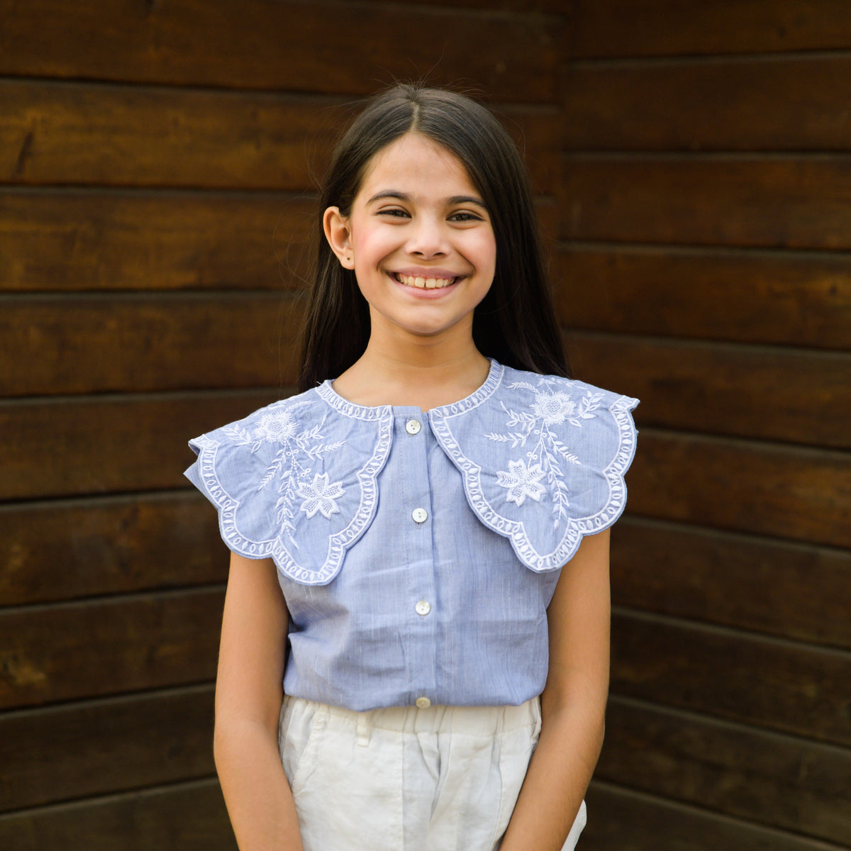 Cotton Crop Top with embroidered Peter Pan Collar