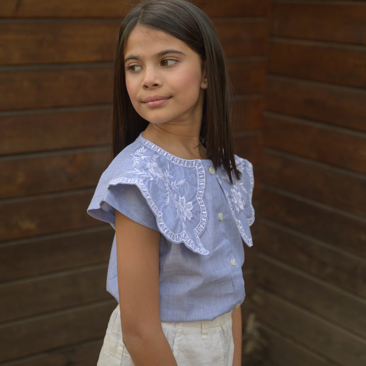 Cotton Crop Top with embroidered Peter Pan Collar